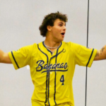 Savannah Bananas player Kyle “KJ” Jackson gestures to students during his visit to Otsego Elementary School on December 5.